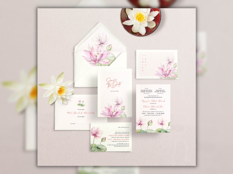 Mẫu thiệp cưới màu hồng cánh sen nhẹ nhàng