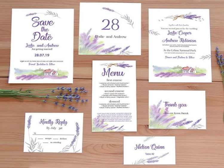 Mẫu thiệp cưới hoa Lavender đơn giản
